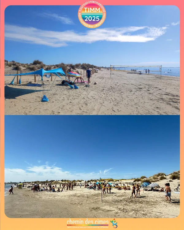 La plage et ses dunes avec un parasol planté dans le sable, puis des groupes réunis au bord de l'eau.